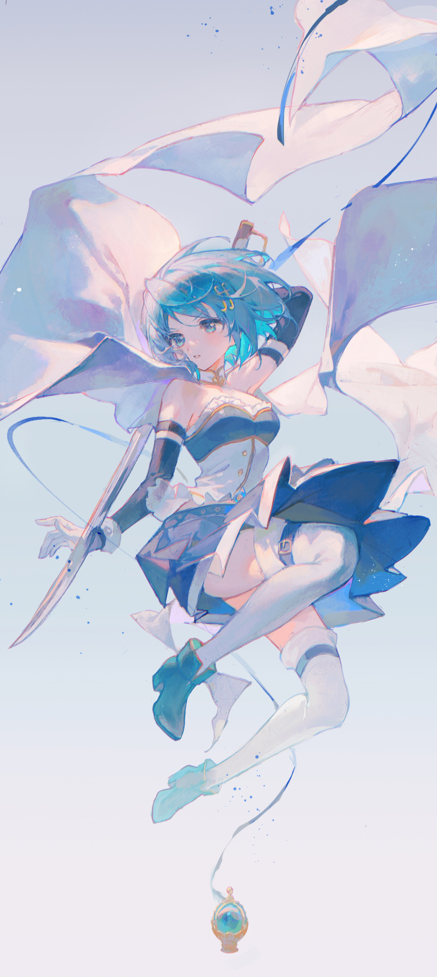 1girl absurdres bangs blue_dress blue_footwear blue_hair blue_skirt cape detached_sleeves dress floating garter_belt hair_ornament hairclip highres holding holding_sword holding_weapon light_blush looking_to_the_side maccha_(mochancc) magical_girl mahou_shoujo_madoka_magica miki_sayaka open_mouth pleated_skirt serious short_hair skirt solo sword thigh-highs weapon white_cape white_dress white_thighhighs