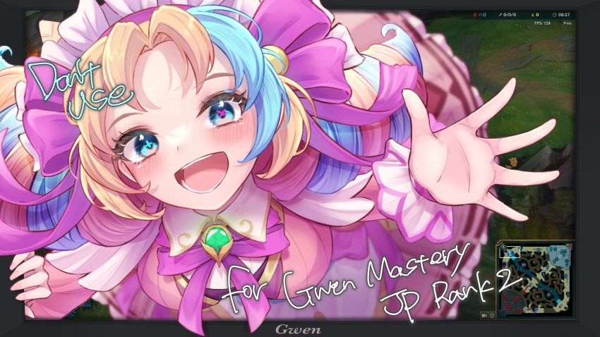 1girl :d bangs blonde_hair blush bow breasts cafe_cuties_gwen character_name cone_hair_bun drill_hair english_text gem green_eyes gwen_(league_of_legends) hair_bow hair_bun highres large_breasts league_of_legends looking_at_viewer maid_headdress minimap momikodayo multicolored_hair neck_ribbon official_alternate_costume open_mouth parted_bangs pink_hair pink_ribbon ribbon smile solo teeth tongue twin_drills two-tone_hair wrist_cuffs