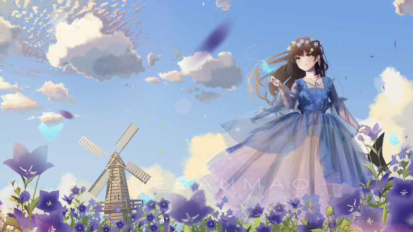 1girl absurdres artist_name blue_dress blue_sky brown_eyes brown_hair chinese_commentary closed_mouth clouds commentary_request dated dress english_text flower flower_request hair_ornament head_wreath highres long_hair long_sleeves original outdoors scenery see-through see-through_sleeves sky smile solo watermark windmill yuebanmao