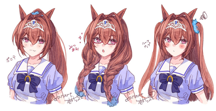 1girl :o alternate_hairstyle animal_ears bespectacled blush bow bowtie braid brown_hair commentary_request cropped_torso daiwa_scarlet_(umamusume) fang glasses hair_between_eyes horse_ears horse_girl ittokyu long_hair looking_at_viewer ponytail red-framed_eyewear red_eyes school_uniform signature simple_background skin_fang smile solo squiggle summer_uniform tiara tracen_school_uniform twin_braids two_side_up umamusume white_background
