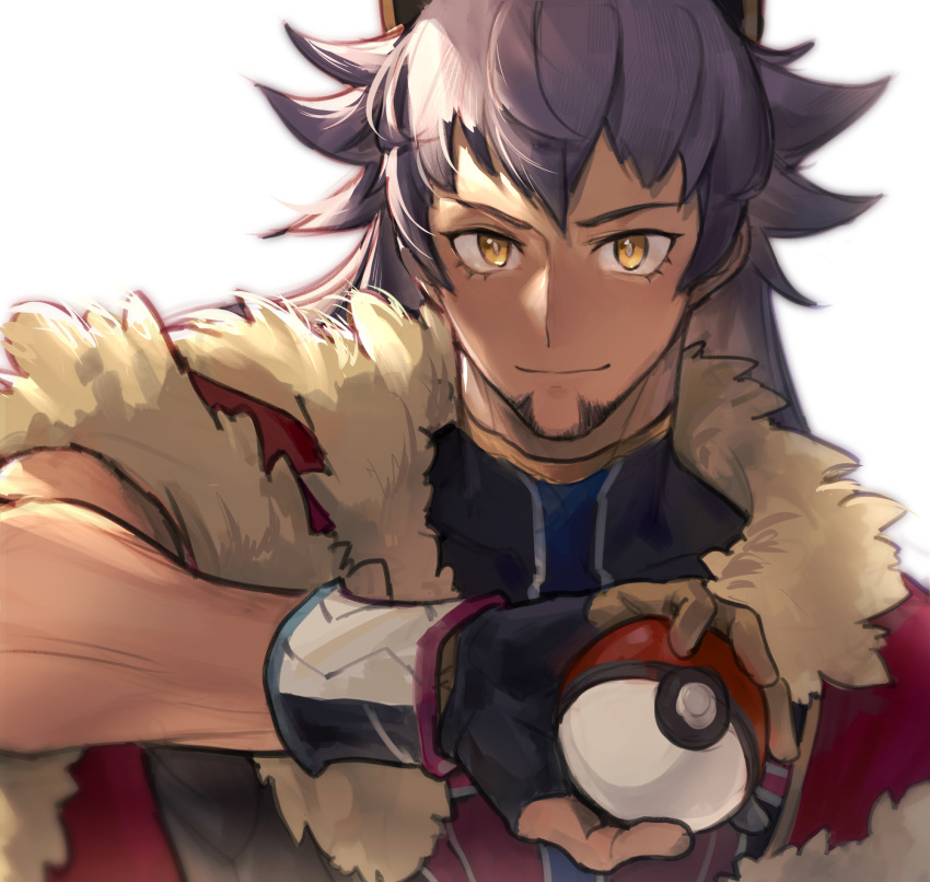 1boy cape closed_mouth commentary_request dark-skinned_male dark_skin dynamax_band facial_hair fur-trimmed_cape fur_trim gloves hand_up highres holding holding_poke_ball leon_(pokemon) long_hair male_focus partially_fingerless_gloves poke_ball poke_ball_(basic) pokemon pokemon_(game) pokemon_swsh purple_hair red_cape rokuhashi_8 shirt smile solo upper_body white_background yellow_eyes
