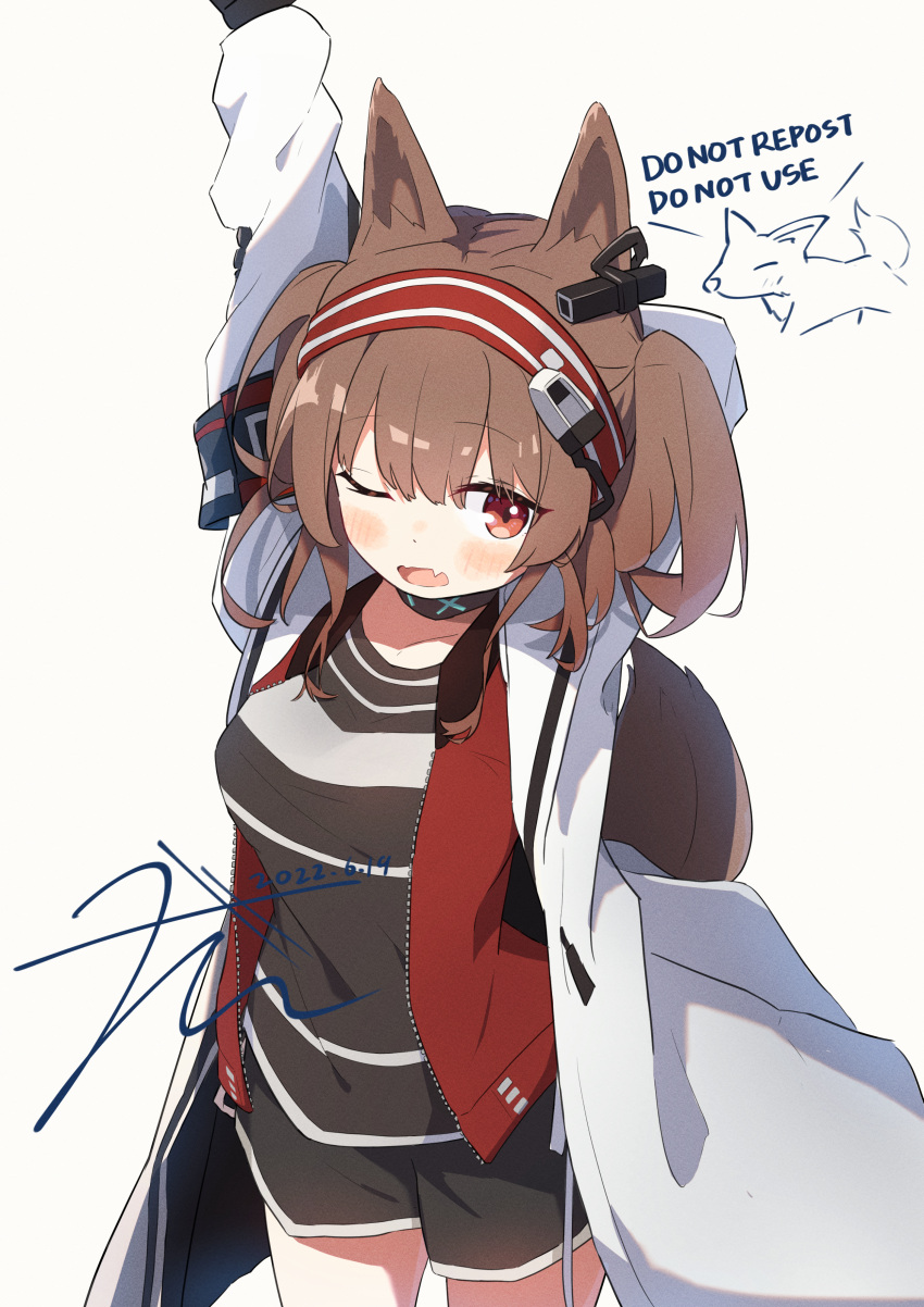 1girl absurdres angelina_(arknights) animal animal_ear_fluff animal_ears arknights arm_behind_head arms_up bangs black_shirt black_shorts blush breasts brown_hair commentary_request cowboy_shot dated english_text fang fox grey_background hair_between_eyes hairband highres jacket long_sleeves looking_at_viewer medium_breasts one_eye_closed open_clothes open_jacket ouba_itsuki red_eyes red_hairband red_jacket shirt short_shorts shorts signature simple_background solo standing tail twintails white_jacket