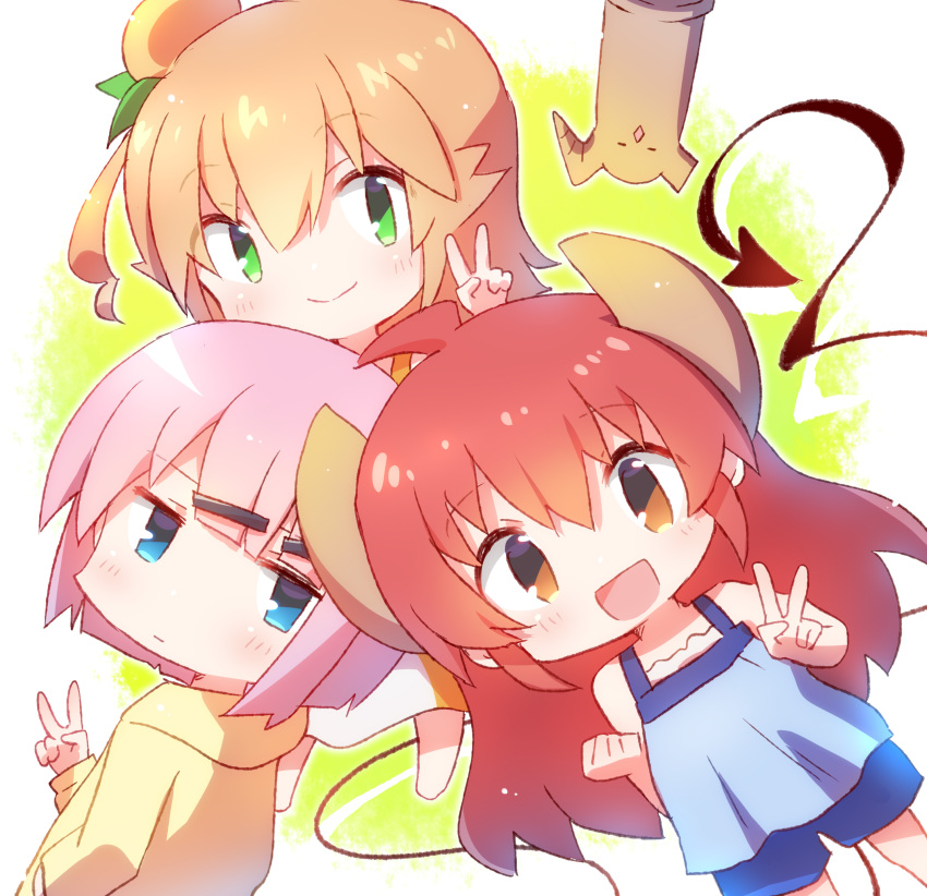 3girls :d absurdres ahoge blue_eyes brown_eyes chibi chiyoda_momo demon_tail green_eyes hair_bun highres hinatsuki_mikan horns lilith_(machikado_mazoku) long_hair machikado_mazoku multiple_girls nyaa_(nnekoron) orange_hair pink_hair redhead short_hair simple_background smile tail v yoshida_yuuko_(machikado_mazoku)