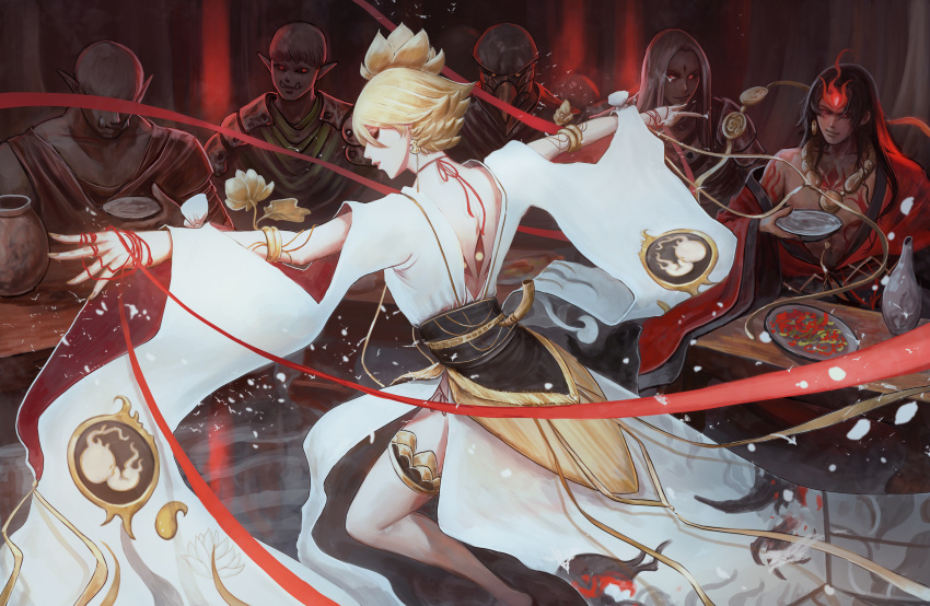 1boy 2boys absurdres asura_(onmyoji) bare_pectorals bishounen black_hair blonde_hair bracelet dark_skin earrings facial_mark flower highres japanese_clothes jewelry long_hair lotus male_focus multicolored_hair multiple_boys onmyoji pectorals reign short_hair solo string string_of_fate taishakuten_(onmyoji) two-tone_hair white_hair