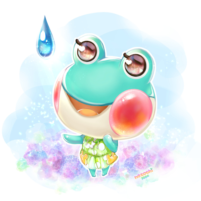 1girl animal_crossing artist_request blush_stickers colored_skin doll dress eyelashes frog_girl full_body green_skin highres legs_apart lily_(animal_crossing) looking_up medli20 no_feet no_hands non-web_source open_mouth orange_eyes orange_pupils print_dress smile solo source_request standing water_drop