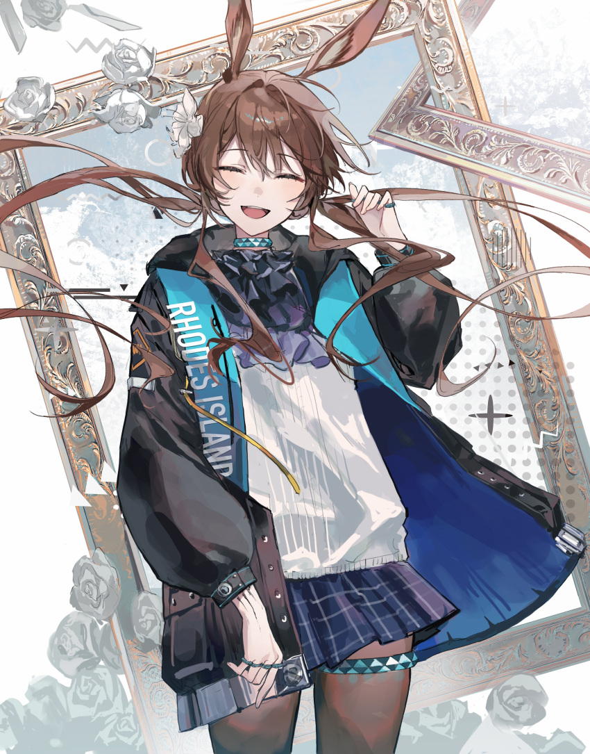 1girl absurdres amiya_(arknights) animal_ears arknights arm_up ascot black_jacket blue_ascot brown_hair closed_eyes cowboy_shot flower frilled_ascot frills hair_flower hair_ornament highres hood hooded_jacket jacket jewelry long_hair lyas miniskirt multiple_rings open_clothes open_jacket pantyhose picture_frame purple_ascot rabbit_ears rabbit_girl ring rose shirt skirt standing thigh_strap white_shirt