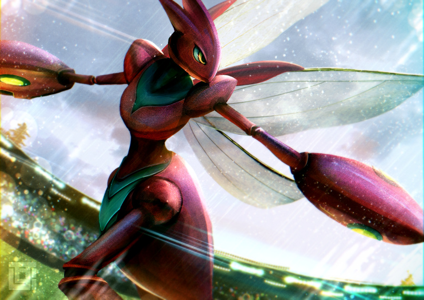 absurdres claws highres insect_wings kozsen_810290 lens_flare looking_to_the_side no_humans pokemon pokemon_(creature) scizor sky solo stadium wings yellow_eyes