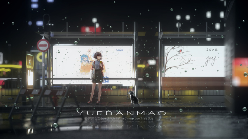 1girl ad artist_name blue_eyes brown_eyes bus_stop cat commentary english_commentary english_text fire_hydrant grey_skirt highres holding holding_phone lamppost looking_at_animal night original phone puddle reflection road_sign short_hair sign skirt standing water_drop watermark wide_shot yuebanmao
