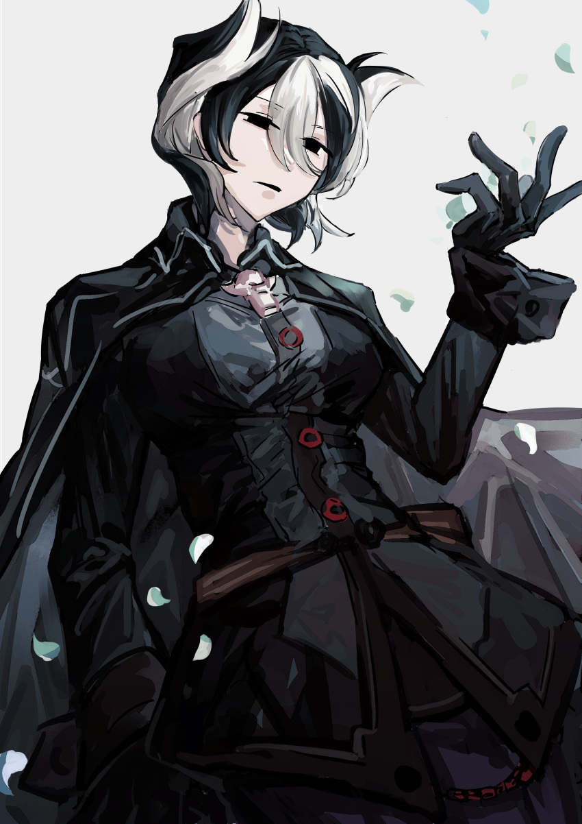 1girl absurdres arm_at_side bangs black_cape black_eyes black_gloves black_hair black_jacket cape collared_cape cowboy_shot expressionless gloves hair_between_eyes half-closed_eyes hand_up highres jacket kmiin long_sleeves looking_at_hand made_in_abyss multicolored_hair open_mouth ozen short_hair simple_background solid_circle_eyes solo standing streaked_hair two-tone_hair whistle whistle_around_neck white_background white_hair