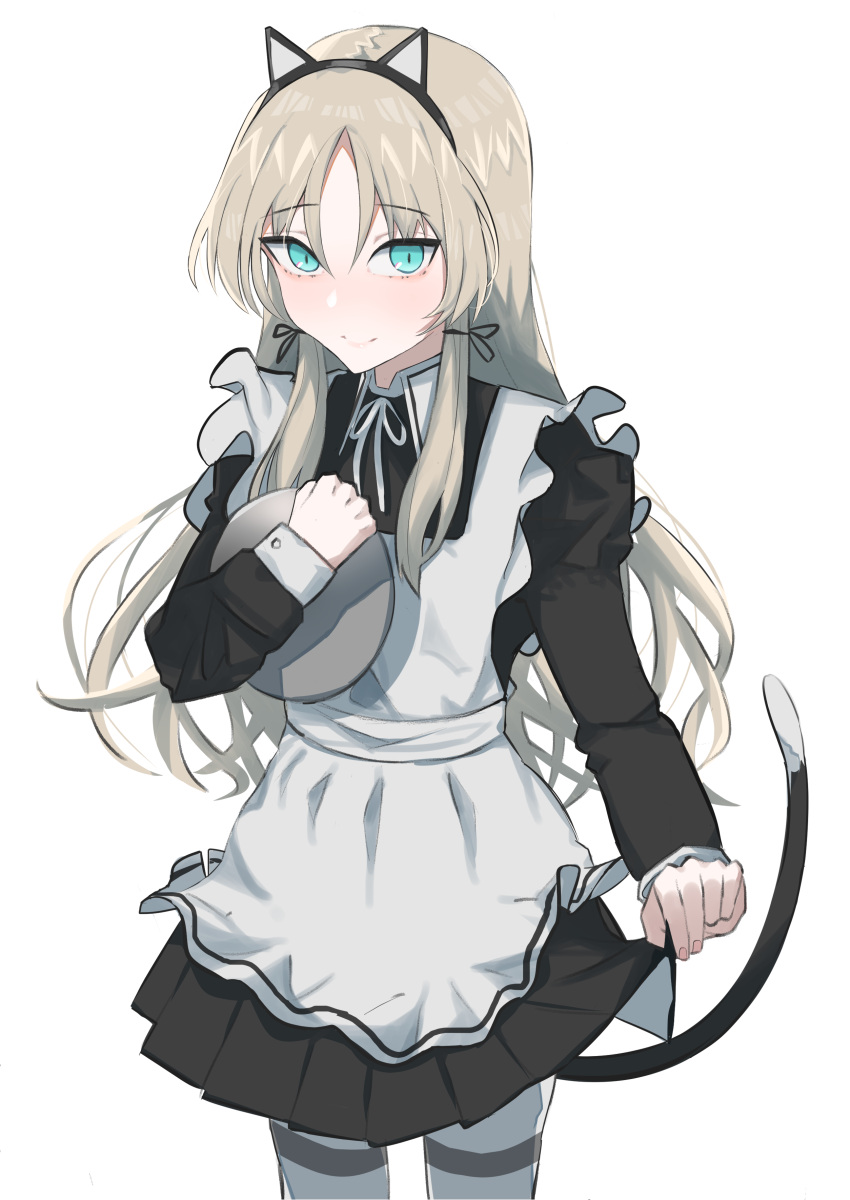 absurdres an-94_(girls'_frontline) animal_ear_legwear animal_ears apron bad_id bad_pixiv_id bangs black_dress black_ribbon blonde_hair blue_eyes cat_ears cat_tail clothes_pull dress dress_pull fake_animal_ears fake_tail frilled_apron frills fuku00 girls_frontline hair_ribbon highres holding holding_tray long_hair long_sleeves looking_at_viewer maid maid_apron neck_ribbon pantyhose parted_bangs pleated_dress puffy_sleeves ribbon sidelocks simple_background smile tail tray white_background white_pantyhose white_ribbon