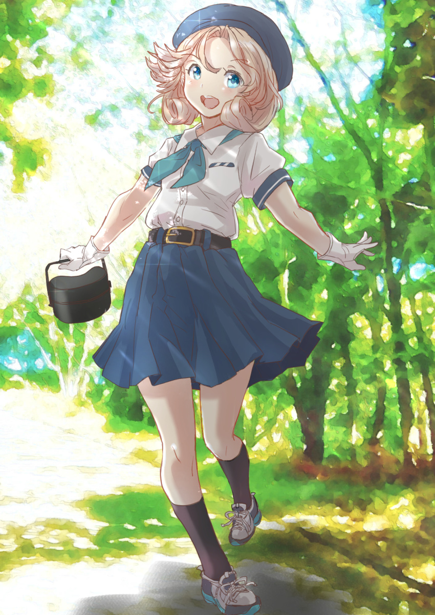1girl bangs beret blonde_hair blue_eyes blue_headwear blue_neckerchief blue_skirt dappled_sunlight day fuji_(pixiv24804665) gloves hat highres janus_(kancolle) kantai_collection lunchbox neckerchief official_alternate_costume open_mouth outdoors outstretched_arms parted_bangs pleated_skirt shirt shoes short_hair skirt smile sneakers solo sunlight white_gloves white_shirt