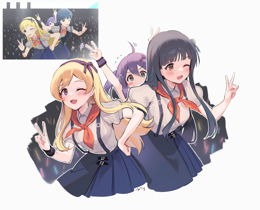 3girls ;d ahoge blue_skirt blush double_v emily_stewart flying_sweatdrops hand_on_hip highres idol idolmaster idolmaster_million_live! idolmaster_million_live!_theater_days kitakami_reika light_stick looking_afar looking_at_viewer mochizuki_anna multiple_girls nys one_eye_closed outstretched_arms puffy_short_sleeves puffy_sleeves red_scarf reference_inset scarf short_sleeves skirt smile suspender_skirt suspenders sweatdrop v wristband