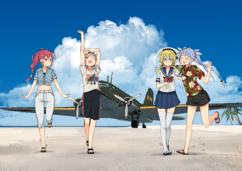 4girls ahoge aircraft airplane alternate_costume annin_musou arm_up black_shorts blonde_hair blue_eyes blue_hair blue_sailor_collar blue_shirt blue_skirt blush book casual closed_mouth clouds cloudy_sky collared_shirt day fang g4m glasses hair_between_eyes hat holding holding_book i-168_(kancolle) i-19_(kancolle) i-58_(kancolle) i-8_(kancolle) kantai_collection long_hair multiple_girls navel neckerchief one_eye_closed open_mouth palm_tree pants pink_eyes pink_hair pleated_skirt ponytail red-framed_eyewear red_eyes sailor_collar sandals school_uniform serafuku shirt short_hair short_sleeves shorts skirt sky smile thigh-highs tree tri_tails white_headwear white_pants white_shirt white_thighhighs yellow_neckerchief