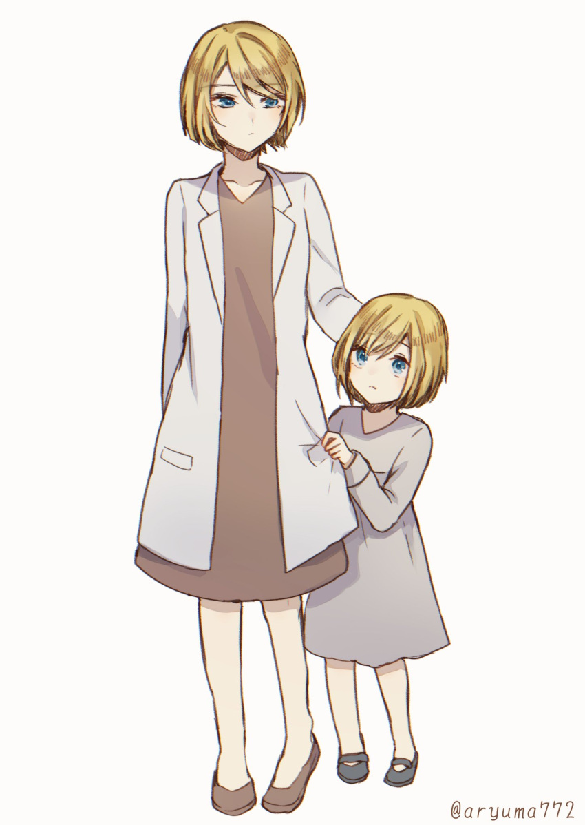 1boy 1girl age_regression aryuma772 behemo blonde_hair blue_eyes brother_and_sister brown_dress clothes_grab crossdressing dress evillious_nendaiki grey_dress hand_on_another's_head headpat hiding hiding_behind_another highres labcoat levia_(evillious_nendaiki) looking_at_another male_child mary_janes shoes short_hair siblings twins twitter_username vocaloid younger