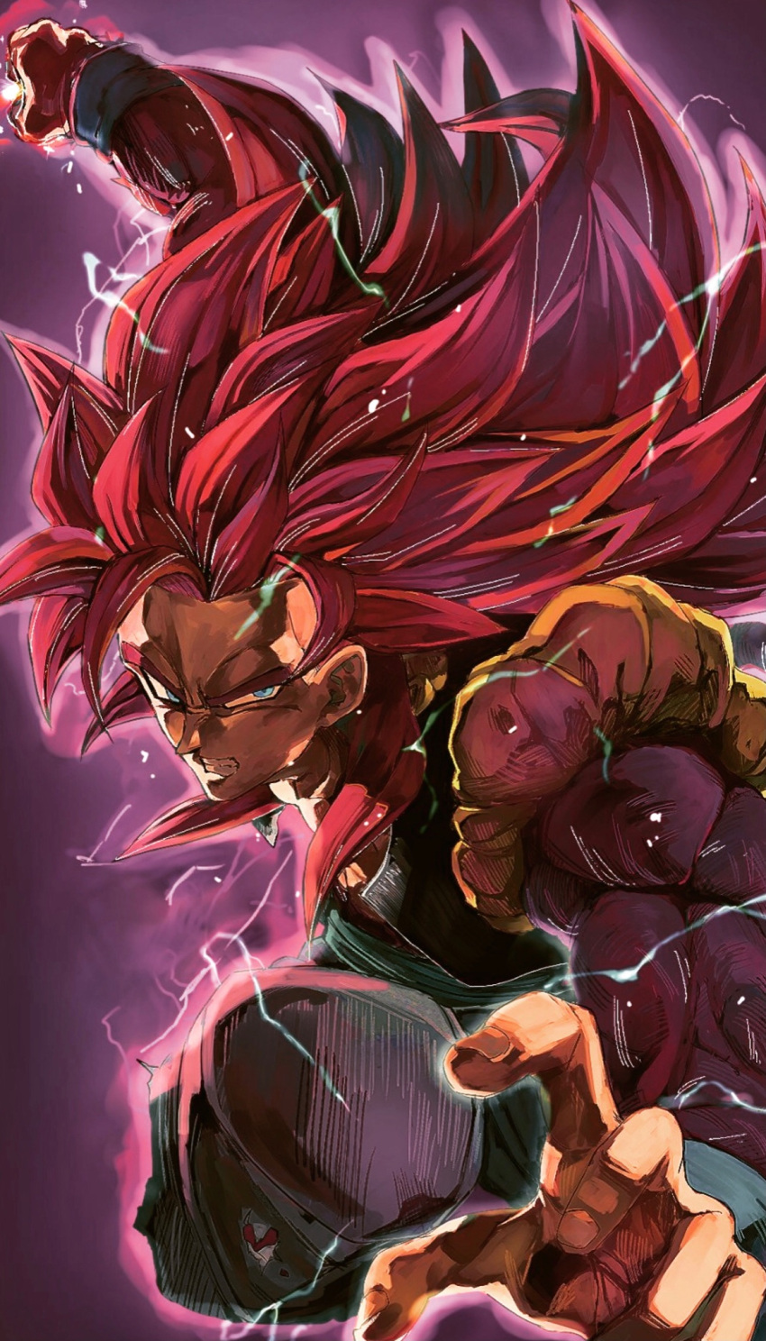 biceps blue_eyes body_fur dragon_ball dragon_ball_heroes fighting_stance gogeta gogeta_(xeno) highres looking_at_viewer metamoran_vest mire1931 monkey_boy monkey_tail muscular muscular_male pink_fur red_fur super_full_power_saiyan_4_limit_breaker super_saiyan super_saiyan_4 tail