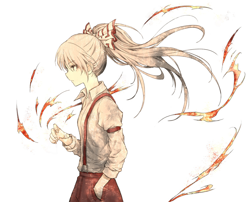 1girl absurdres arm_strap bangs bow closed_mouth collared_shirt commentary cowboy_shot fire from_side fujiwara_no_mokou grey_hair hair_bow hand_in_pocket highres long_hair long_sleeves pants ponytail profile red_bow red_pants shimoda_masaya shirt solo suspenders touhou two-tone_bow white_background white_bow white_shirt wing_collar