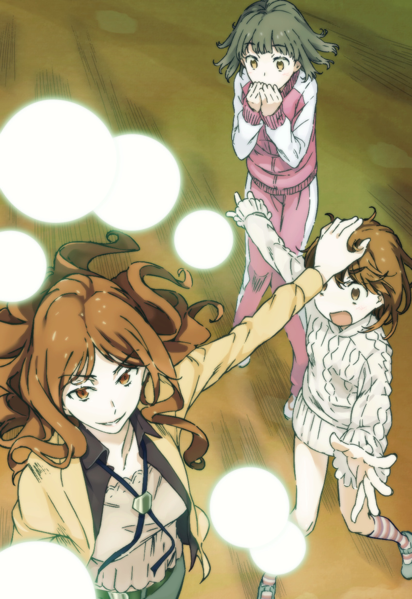 3girls attack blush breasts brown_eyes brown_hair colorized commentary covering_mouth energy energy_ball fantasy feet_out_of_frame from_above full_body gazing_eye glowing haimura_kiyotaka hands_up height_difference highres indoors kinuhata_saiai kneehighs large_breasts light_blush long_hair long_sleeves looking_at_another looking_away medium_hair mugino_shizuri multiple_girls novel_illustration official_art open_mouth outstretched_arm outstretched_arms pants pink_pants psychic science_fiction shiny shiny_hair slit_pupils smile socks spoilers sweater takitsubo_rikou teeth thighs toaru_majutsu_no_index toaru_majutsu_no_index:_new_testament v-shaped_eyebrows white_footwear white_sleeves