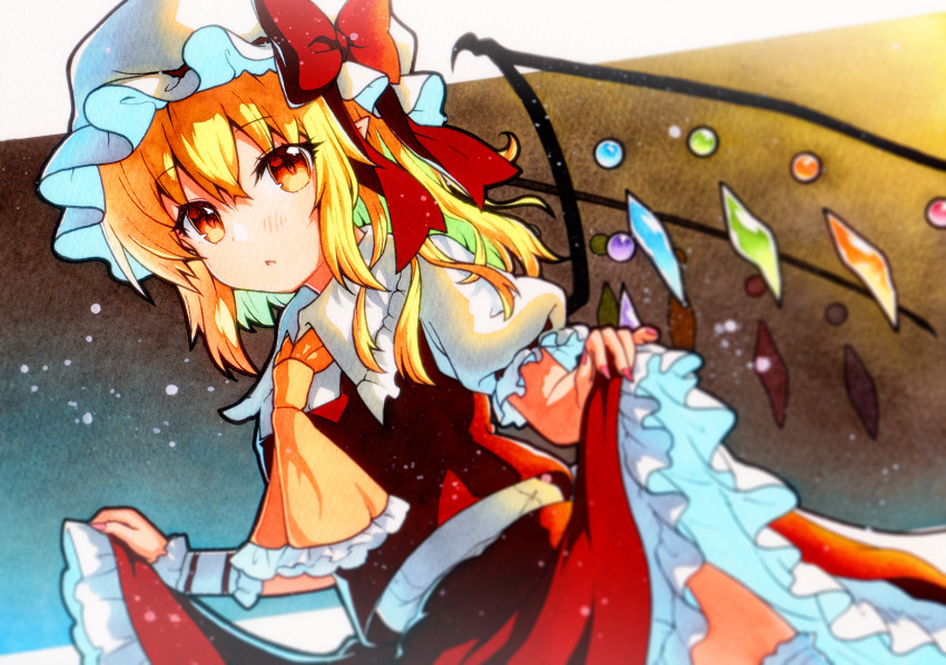 1girl ascot blonde_hair collared_shirt crystal flandre_scarlet frilled_shirt_collar frilled_skirt frilled_sleeves frills hat hat_ribbon highres medium_hair mob_cap one_side_up puffy_short_sleeves puffy_sleeves qqqrinkappp red_eyes red_ribbon red_skirt red_vest ribbon shirt short_sleeves skirt skirt_set solo touhou traditional_media vest white_headwear white_shirt wings wrist_cuffs yellow_ascot
