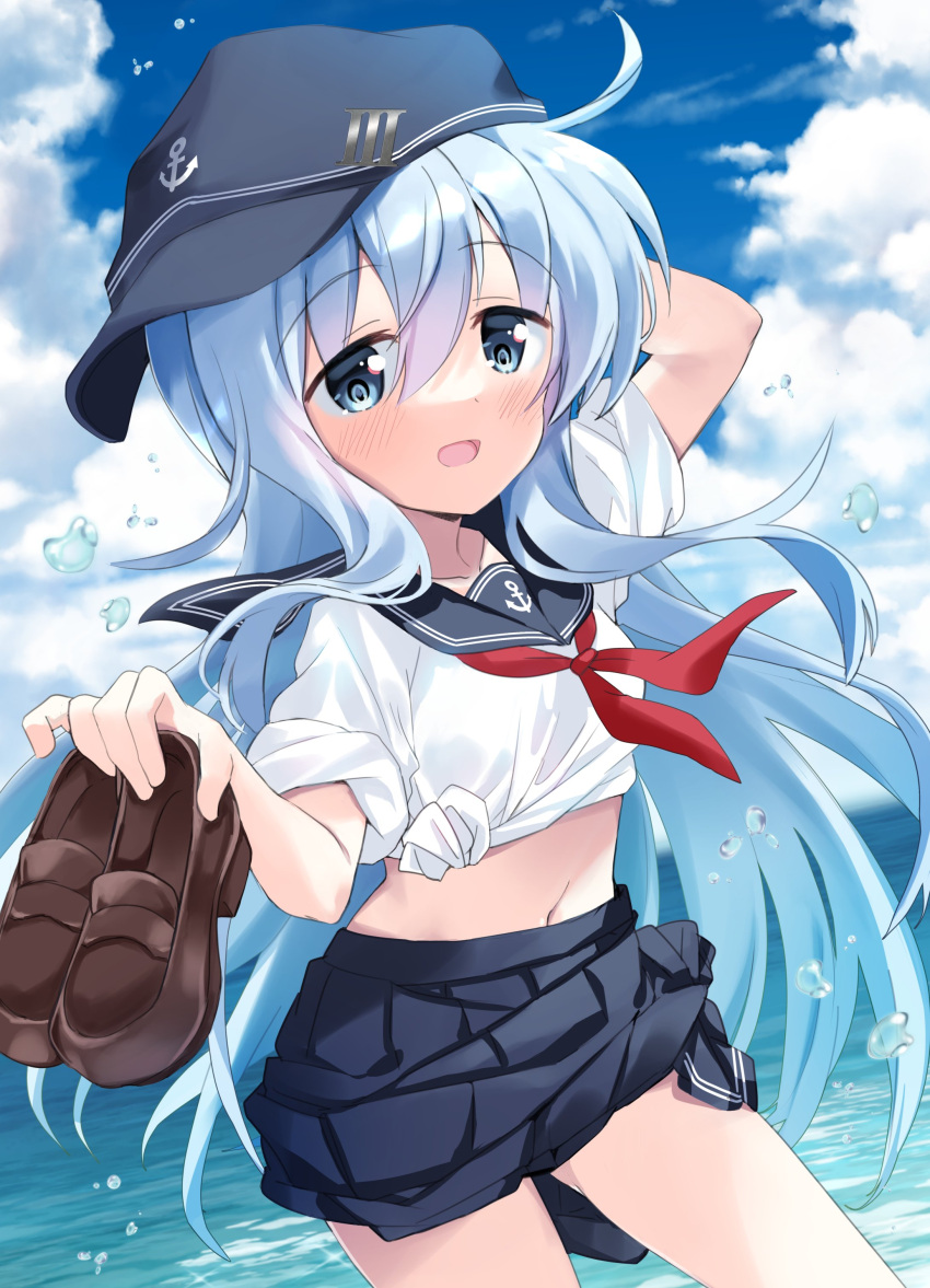 1girl absurdres anchor_print arm_behind_head bangs black_headwear black_sailor_collar black_skirt blue_eyes blue_sky blush brown_footwear check_commentary clouds commentary_request day hands_up hat hibiki_(kancolle) highres hizuki_yayoi holding holding_shoes kantai_collection light_blue_hair long_hair looking_at_viewer midriff navel neckerchief ocean outdoors parted_lips pleated_skirt red_neckerchief sailor_collar school_uniform serafuku shirt shoes sidelocks skirt sky sleeves_rolled_up solo thighs tied_shirt tied_skirt water_drop white_shirt