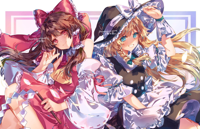 2girls apron ascot ayatsuki_sugure bangs black_headwear black_skirt black_vest blonde_hair blue_eyes blush bow braid brown_hair buttons closed_mouth commentary feet_out_of_frame frilled_apron frilled_bow frilled_hair_tubes frilled_hat frilled_skirt frills gohei green_bow grin hair_bow hair_tubes hakurei_reimu hand_on_headwear hat hat_bow highres holding_gohei kirisame_marisa long_hair looking_at_viewer multiple_girls red_bow red_eyes red_skirt red_vest ribbon-trimmed_sleeves ribbon_trim shirt signature single_braid skirt smile touhou twitter_username vest white_apron white_bow white_shirt white_sleeves witch_hat yellow_ascot