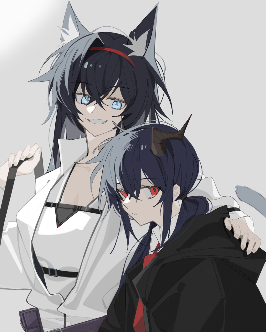 2girls absurdres animal_ears arknights black_hair black_jacket blaze_(arknights) blue_eyes cat_ears ch'en_(arknights) collared_shirt dark_background dragon_horns grey_background grin hairband highres holding horns jacket lihuashuangxiang long_hair looking_at_viewer low_twintails multiple_girls necktie open_clothes open_jacket red_eyes red_hairband red_necktie shirt simple_background smile twintails upper_body white_jacket white_shirt
