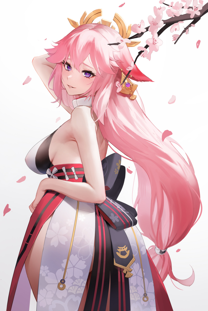 1girl absurdres animal_ears arm_up ass bangs branch cherry_blossoms fox_ears from_behind genshin_impact hair_ornament highres japanese_clothes long_hair looking_back pink_hair ponytail pose senba_(592683801) smile turning_head violet_eyes yae_miko