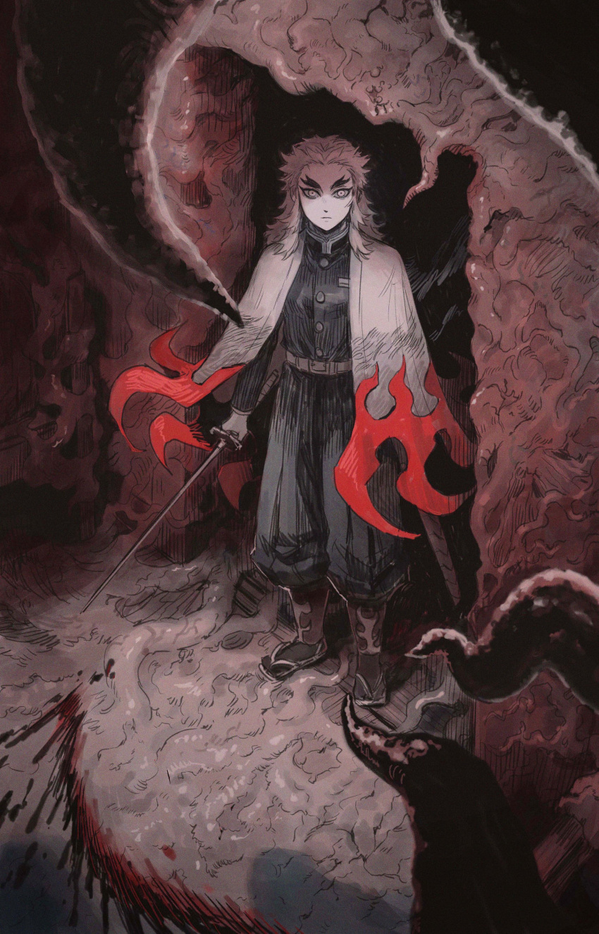 1boy absurdres arms_at_sides belt blonde_hair blood blood_splatter cape closed_mouth demon_slayer_uniform doorway egyuuu flame_print forked_eyebrows from_above frown highres holding holding_sword holding_weapon jacket katana kimetsu_no_yaiba long_sleeves looking_at_viewer male_focus medium_hair monochrome monster out_of_frame pants pov print_cape red_theme rengoku_kyoujurou sandals scabbard sheath shin_guards sidelocks solo sword tabi tentacles unsheathed weapon