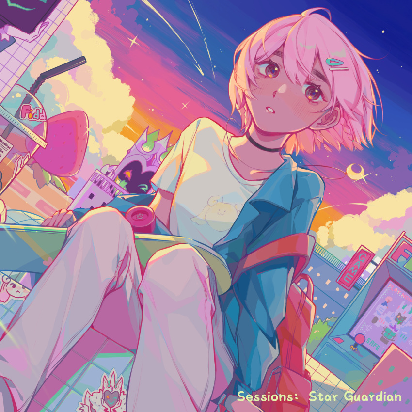 1girl absurdres arcade_cabinet bag blush building city clouds cloudy_sky collared_jacket colorful cup dark-skinned_female dark_skin denim fiddlesticks food fruit hair_ornament hairclip highres jacket jacket_removed jeans league_of_legends looking_to_the_side moon_(ornament) pants pink_eyes pink_hair ruan_chen_yue shirt short_hair sign sitting skateboard sky star_(sky) star_guardian_taliyah star_nemesis_fiddlesticks starry_sky sticker strawberry sunset t-shirt taliyah