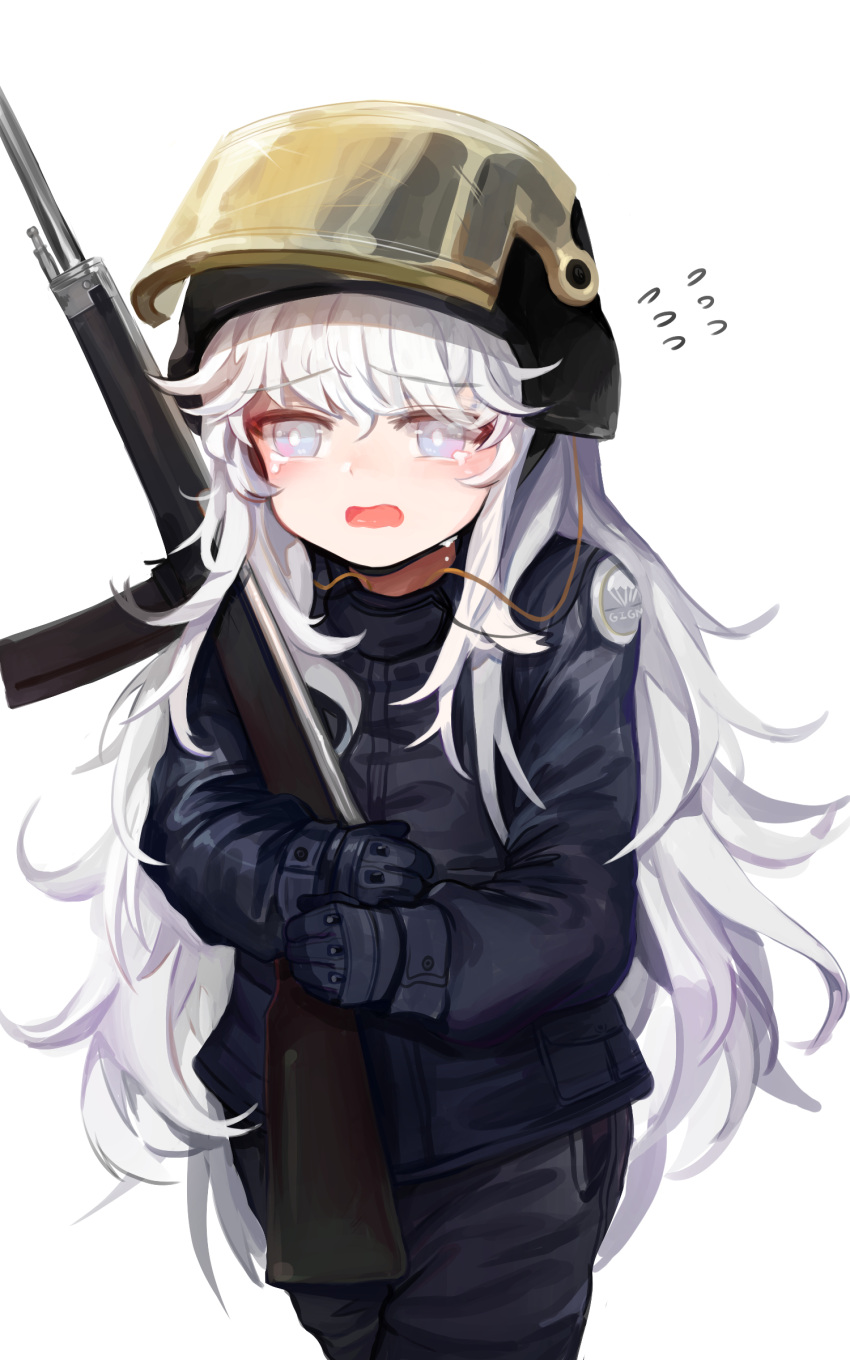 1girl absurdres alternate_costume bangs black_gloves black_headwear black_jacket black_pants blue_eyes blush dokomon flying_sweatdrops girls_frontline gloves hair_between_eyes helmet highres jacket long_hair long_sleeves object_hug object_namesake open_mouth pants puffy_long_sleeves puffy_sleeves ribeyrolles_(girls'_frontline) ribeyrolles_1918 simple_background sleeves_past_wrists solo tears very_long_hair visor wavy_mouth white_background white_hair