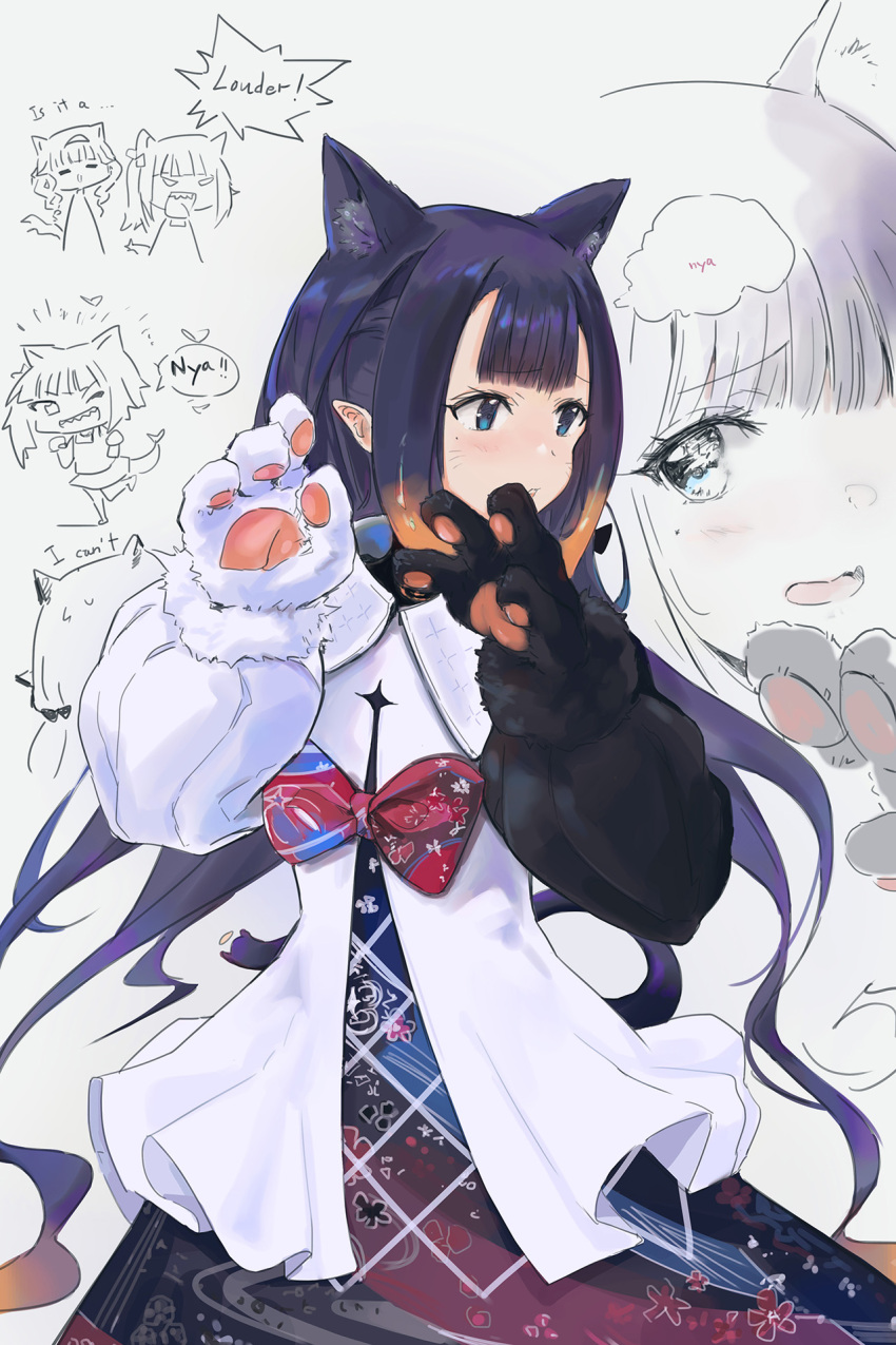 3girls animal_ear_fluff animal_ears animal_hands asymmetrical_gloves bangs black_gloves blue_eyes blunt_bangs bow cat_ears cat_girl cat_tail dress extra_ears facial_mark gawr_gura gloves hands_up highres hololive hololive_english long_hair looking_away mismatched_gloves mole mole_under_eye multicolored_clothes multicolored_dress multicolored_hair multiple_girls ninomae_ina'nis nyan open_mouth orange_hair paw_gloves pointy_ears purple_hair red_bow simple_background streaked_hair tail takanashi_kiara tallgeese_(lgeesel) twintails very_long_hair virtual_youtuber whisker_markings white_background white_dress white_gloves