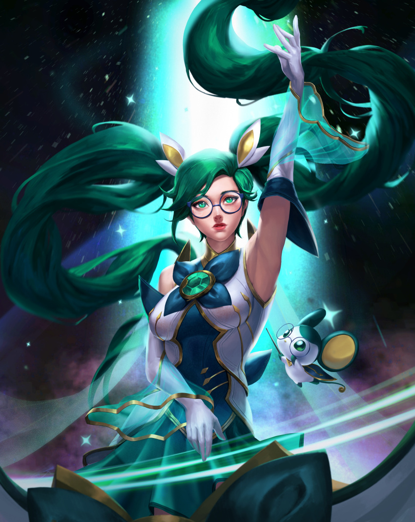 1girl absurdres arm_up armpits bare_shoulders blue-framed_eyewear creature elbow_gloves eyelashes falling_star gem glasses gloves green_eyes green_gemstone green_hair green_theme highres holding instrument league_of_legends long_hair music parted_lips pink_lips playing_instrument see-through sky sona_(league_of_legends) star_(sky) star_guardian_(league_of_legends) star_guardian_sona starry_sky tian_wip twintails very_long_hair white_gloves