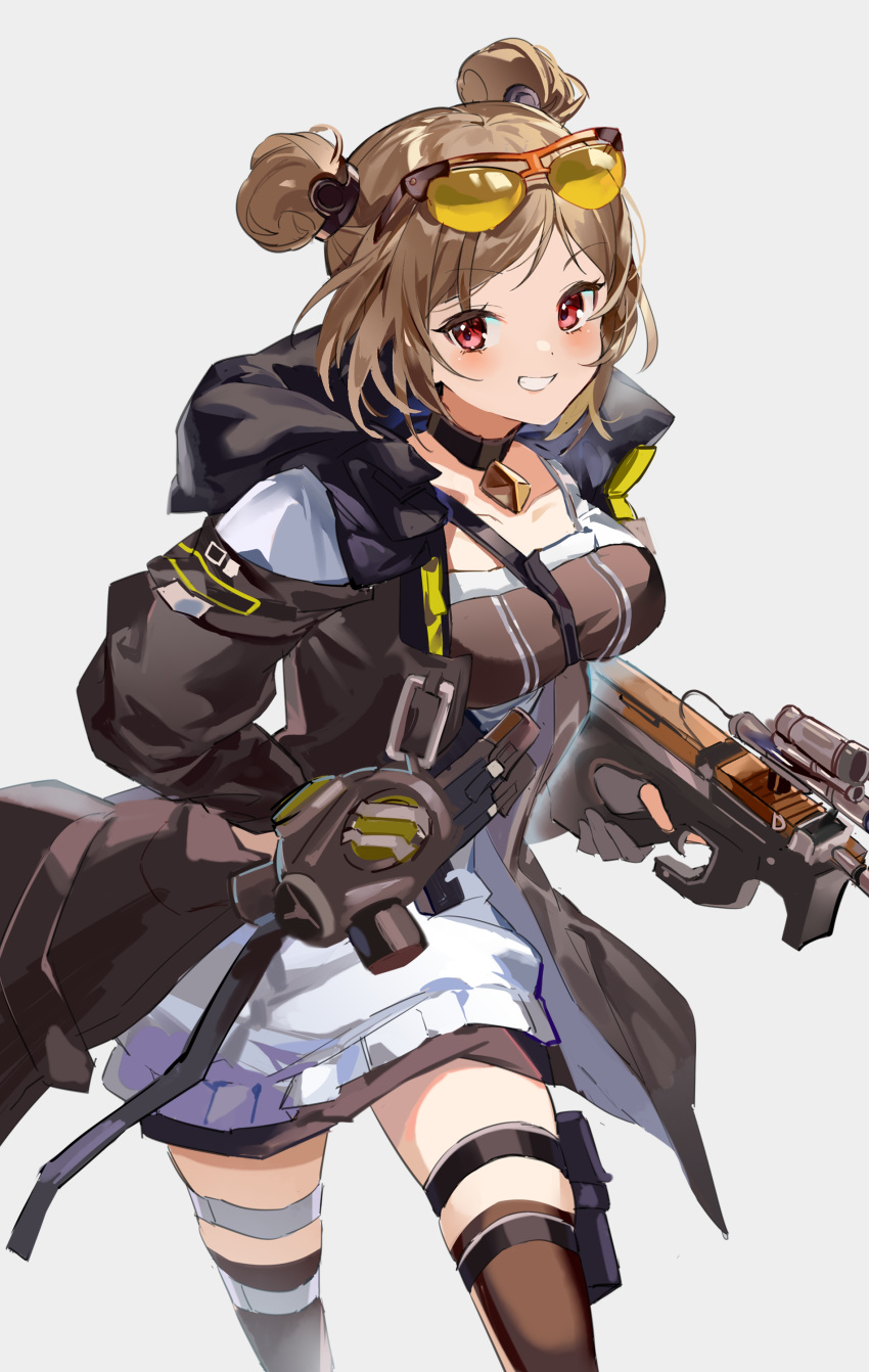 1girl absurdres breasts bullpup choker double_bun eyewear_on_head gas_mask girls_frontline gun hair_bun highres holding holding_gun holding_weapon hood hoodie karasu_btk light_brown_hair mask p90 p90_(girls'_frontline) red_eyes short_hair simple_background snap-fit_buckle solo standing submachine_gun sunglasses tactical_clothes thigh_pouch thigh_strap tinted_eyewear weapon white_background yellow-tinted_eyewear