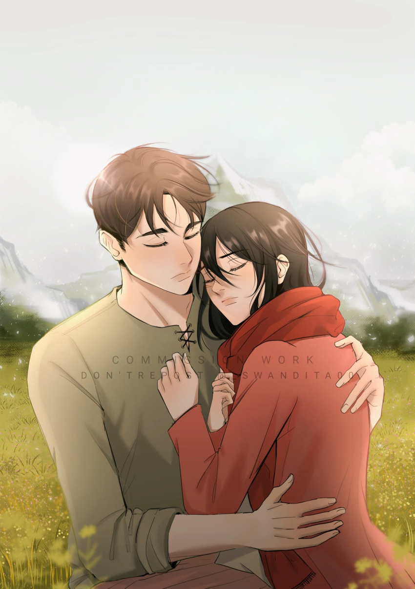 1boy 1girl bangs black_hair brown_hair closed_eyes couple eren_yeager field flower grey_shirt hair_between_eyes hand_on_another's_back hand_on_another's_chest highres long_sleeves medium_hair mikasa_ackerman mountain outdoors parted_bangs pink_shirt red_scarf scarf shingeki_no_kyojin shirt short_hair sleeves_rolled_up swandita upper_body watermark yellow_flower