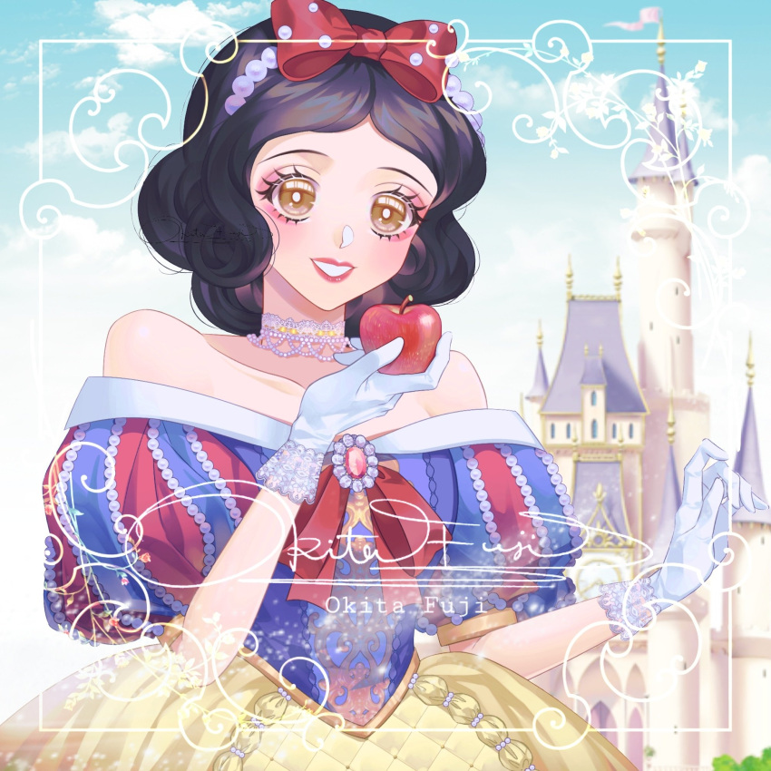 apple black_hair blue_sky border bow brown_eyes castle choker clouds disney dress food fruit hair_bow highres jewelry necklace off-shoulder_dress off_shoulder okitafuji princess puffy_short_sleeves puffy_sleeves short_hair short_sleeves sky snow_white_(disney) snow_white_and_the_seven_dwarfs