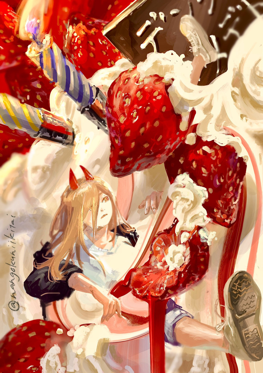 1girl black_jacket blonde_hair brown_footwear cake candle chainsaw_man fire flame food fruit hair_between_eyes highres horns in_food jacket long_hair nangokuniikitai open_clothes open_jacket power_(chainsaw_man) red_horns red_pupils shoes sleeves_rolled_up sneakers solo strawberry twitter_username whipped_cream white_footwear yellow_eyes