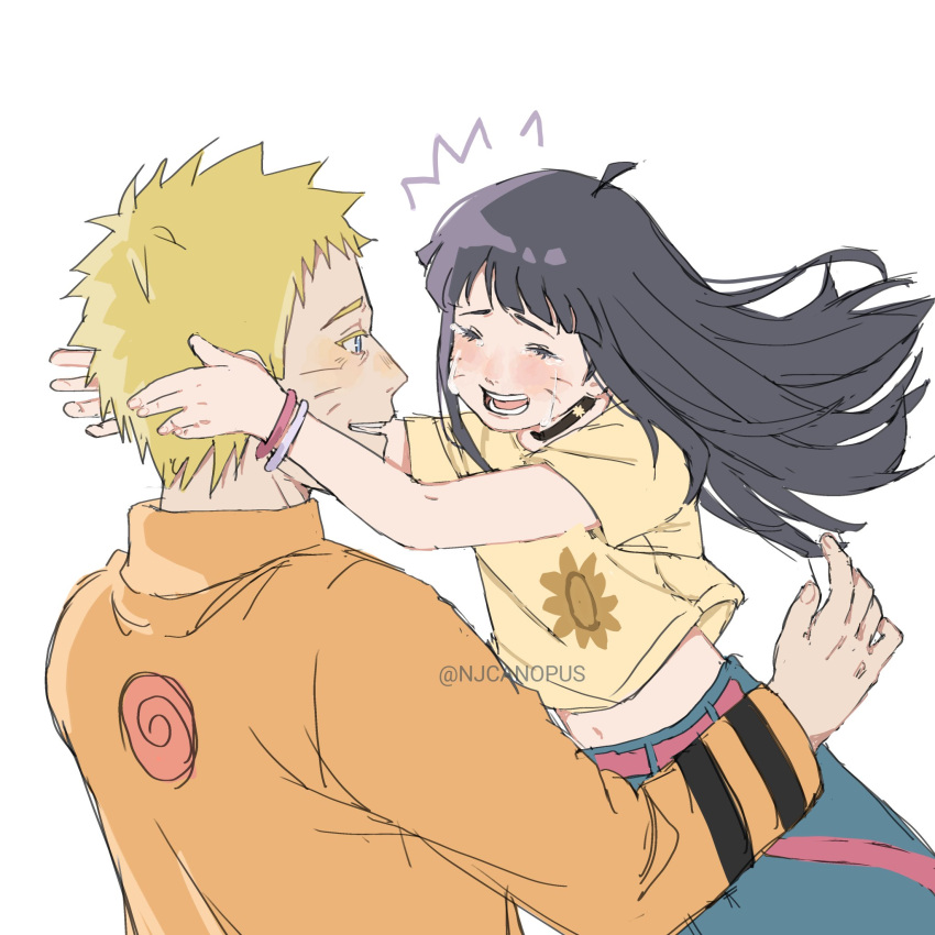1boy 1girl ahoge black_choker black_hair blue_eyes blue_pants boruto:_two_blue_vortex boruto_(series) bracelet choker closed_eyes commentary crying derivative_work father_and_child father_and_daughter highres jacket jewelry long_hair naruto_(series) nigashita_sakana_wa_ookikatta_ga_tsuriageta_sakana_ga_ookisugita_ken njcanopus orange_jacket pants parent_and_child parody screenshot_redraw shirt streaming_tears t-shirt tears twitter_username uzumaki_himawari uzumaki_naruto yellow_shirt