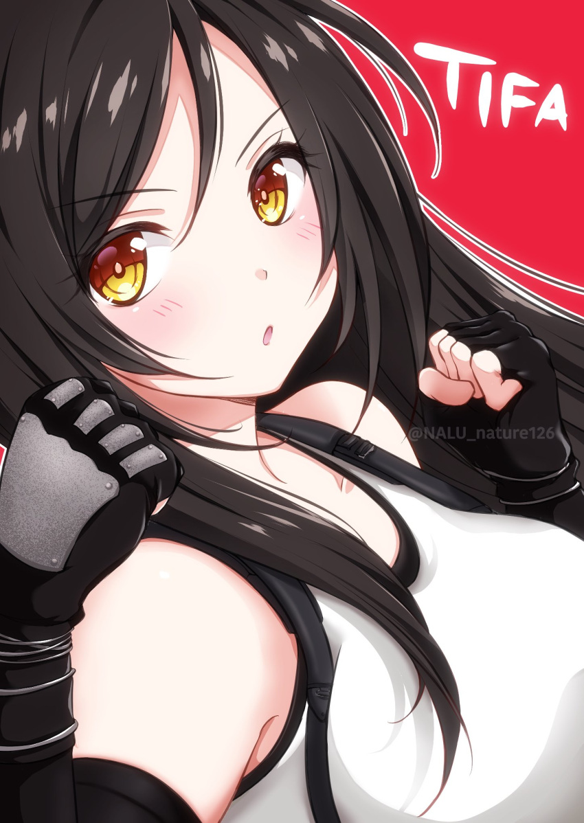 1girl bare_shoulders black_hair blush breasts character_name clenched_hands crop_top detached_sleeves fighting_stance final_fantasy final_fantasy_vii final_fantasy_vii_remake fingerless_gloves gloves hands_up highres large_breasts long_hair looking_at_viewer nalu open_mouth red_background red_eyes solo suspenders tank_top tifa_lockhart upper_body white_tank_top