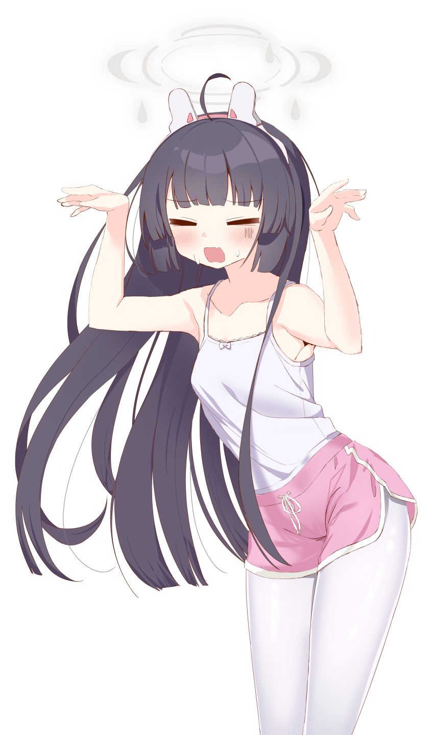 1girl absurdres ahoge alternate_costume animal_ear_headphones armpits arms_up black_hair blue_archive breasts closed_eyes commentary_request fdsa10000 halo highres long_hair miyu_(blue_archive) pantyhose pose simple_background small_breasts solo white_background white_pantyhose