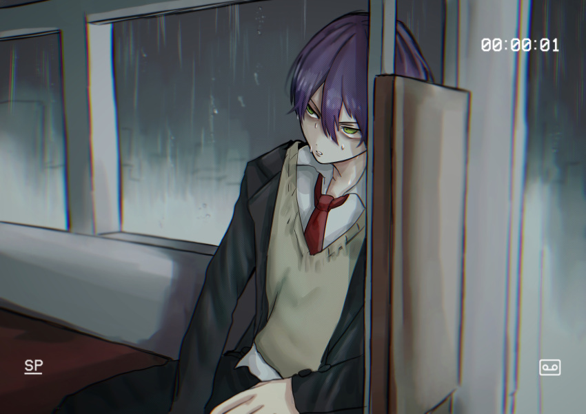 1boy absurdres bangs blazer chromatic_aberration city collared_shirt green_eyes ground_vehicle hands_on_lap highres jacket kenmochi_touya leaning_on_object long_sleeves looking_to_the_side male_focus necktie nijisanji parted_lips pokopokotarou1 purple_hair rain recording shirt short_hair sitting solo sweat sweater train train_interior v-shaped_eyebrows viewfinder window