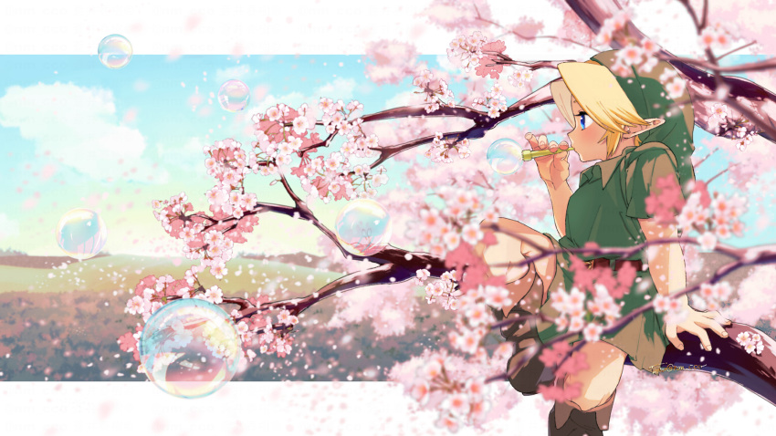 1boy bangs belt blonde_hair blue_eyes boots brown_footwear bubble bubble_blowing cherry_blossoms falling_petals flower green_headwear green_tunic highres in_tree leg_up letterboxed link male_focus nm_cco outdoors parted_bangs petals pink_flower pointy_ears profile short_hair short_sleeves sidelocks sitting the_legend_of_zelda the_legend_of_zelda:_ocarina_of_time tree