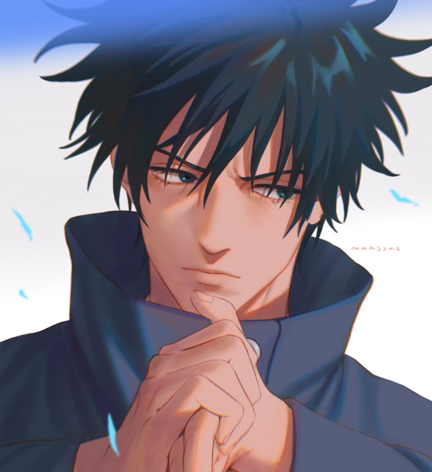 1boy bangs black_hair blue_eyes buttons closed_mouth eyelashes fingernails frown fushiguro_megumi hair_between_eyes high_collar highres jacket jujutsu_kaisen long_sleeves looking_away male_focus marrbl own_hands_together portrait school_uniform short_hair solo spiky_hair