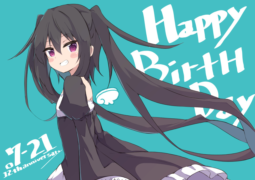 1girl absurdres amano_kouki anniversary bangs black_dress black_hair blue_background blush_stickers commentary_request dated dress floating_hair from_side grin hair_between_eyes happy_birthday highres juliet_sleeves long_hair long_sleeves looking_at_viewer looking_to_the_side note-chan original puffy_sleeves simple_background smile solo twintails very_long_hair violet_eyes