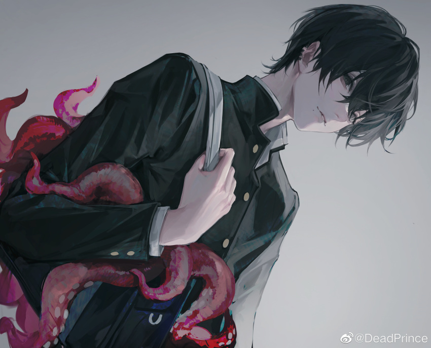 1boy absurdres bag bangs black_eyes black_hair black_jacket chainsaw_man deadprince ear_piercing hair_between_eyes hand_up highres holding_strap jacket long_sleeves looking_at_viewer male_focus mole mole_under_mouth parted_lips piercing short_hair shoulder_bag simple_background solo tentacles upper_body yoshida_hirofumi