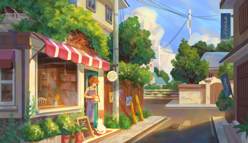 1boy absurdres apron brown_eyes brown_hair building cat contemporary door granblue_fantasy highres outdoors plant potted_plant renren_be road sandalphon_(granblue_fantasy) sign sky street tree utility_pole window