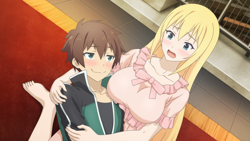 1boy 1girl barefoot black_jacket black_shirt blonde_hair blue_eyes blush bow breasts brown_hair closed_mouth collarbone darkness_(konosuba) dutch_angle frilled_nightgown frilled_sleeves frills game_asset green_eyes green_jacket hair_down highres indoors jacket kono_subarashii_sekai_ni_shukufuku_wo! kono_subarashii_sekai_ni_shukufuku_wo!_kono_yokubukai_game_ni_shinpan_o! large_breasts long_hair looking_at_another looking_down lying_on_lap multicolored_jacket nightgown non-web_source official_art on_floor open_clothes open_jacket open_mouth pink_bow pink_nightgown red_carpet satou_kazuma self-datamine shirt short_hair short_sleeves sidelocks smile tile_floor tiles track_jacket two-tone_jacket upper_body very_long_hair wavy_mouth