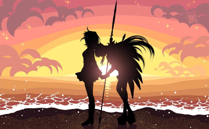 2girls asebi_hikaru beach circe_(fate) crying fate/grand_order fate_(series) fujimaru_ritsuka_(female) highres holding_hands multiple_girls scenery silhouette skirt staff sunset wings