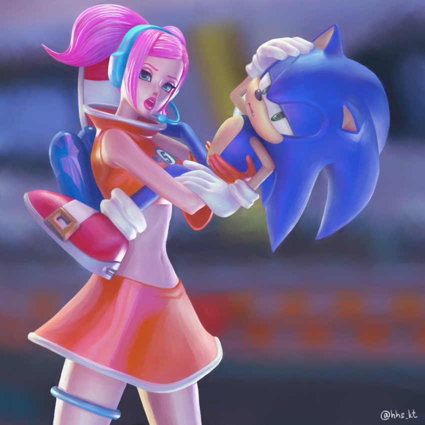 1boy 1girl absurdres armwear blue_eyes blue_fur blue_hair blurry_background bottomwear clothed crossover duo embrace furry gloves green_eyes hand_on_head headgear headphones hedgehog hhs_kt_(author) holding_in_arms hug human jetpack looking_at_viewer pink_hair sega skirt sonic_(series) sonic_the_hedgehog space_channel_5 twintails ulala