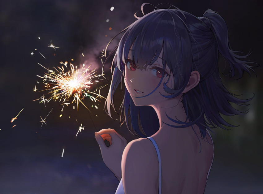 1girl ameyame bangs bare_back bare_shoulders blurry blurry_background dress from_behind hair_between_eyes highres holding_fireworks idolmaster idolmaster_shiny_colors looking_at_viewer looking_back medium_hair morino_rinze parted_lips ponytail purple_hair red_eyes sidelocks smile smoke solo sparks sundress upper_body