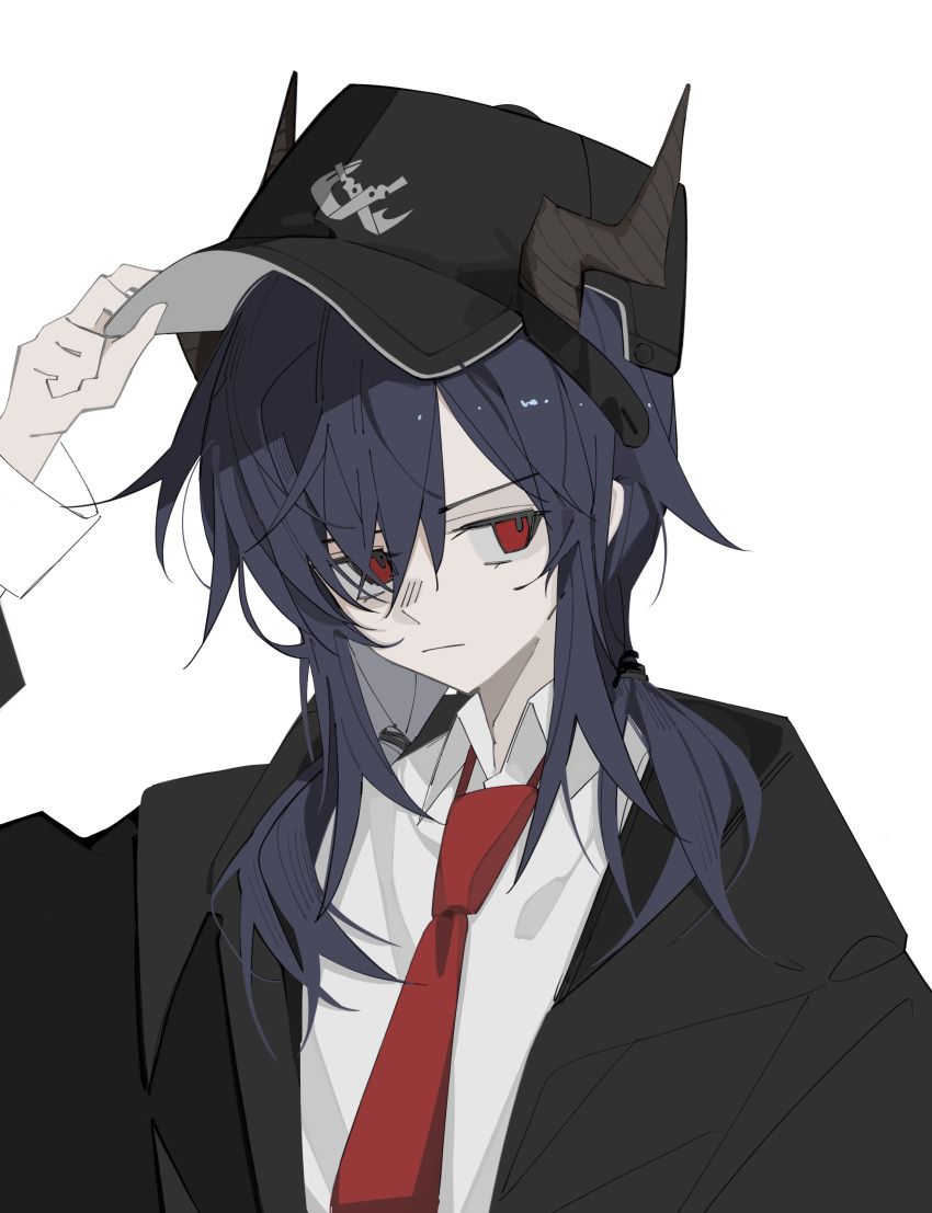 1girl absurdres adjusting_clothes adjusting_headwear arknights baseball_cap black_headwear black_jacket blue_hair ch'en_(arknights) collared_shirt dragon_horns hair_between_eyes hand_on_headwear hat highres horns horns_through_headwear jacket lihuashuangxiang long_hair looking_at_viewer low_twintails necktie open_clothes open_jacket red_eyes red_necktie shirt simple_background solo twintails upper_body v-shaped_eyebrows white_background white_shirt