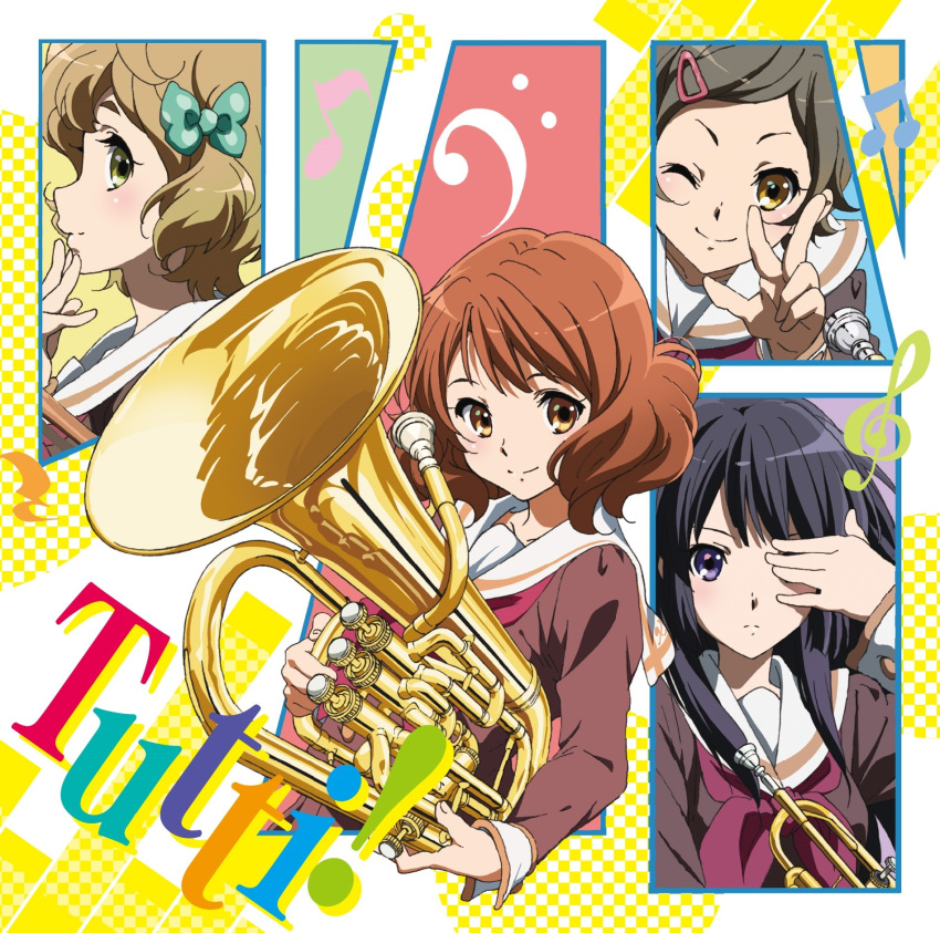 4girls album_cover bangs bass_clef black_hair blonde_hair blush bow brown_eyes brown_hair brown_shirt closed_mouth cover eighth_note euphonium expressionless finger_to_mouth green_bow green_eyes hair_bow hair_ornament hairclip hand_up hibike!_euphonium highres holding holding_instrument ikeda_shouko index_finger_raised instrument katou_hazuki kawashima_sapphire kitauji_high_school_uniform kousaka_reina long_hair long_sleeves looking_at_viewer multiple_girls musical_note neckerchief official_art oumae_kumiko polka_dot red_neckerchief sailor_collar school_uniform serafuku shirt short_hair smile trumpet v violet_eyes white_sailor_collar